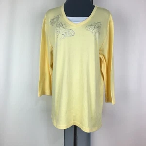 NWT Triliogy T-Shirt Women XL Yellow Cotton Beaded Long Sleeve Pullover - Picture 1 of 12