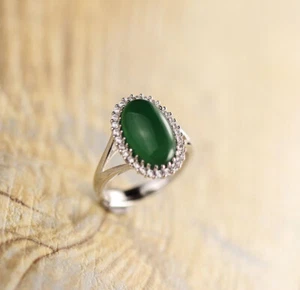 I03 Elegant Ring With Green Agate Sterling Silver 925 Adjustable Size - Imagen 1 de 9