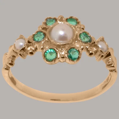 Solid 10k Rose Gold Cultured Pearl & Emerald Womens Ring - Sizes 4 to 12 - Image 1 of 4