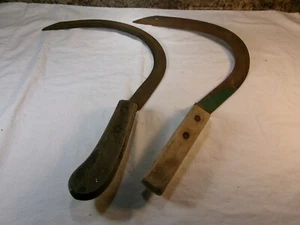 Lot of 2 Antique Vintage Hand Sickle Scythe Farm Tools with Wood Handles - Picture 1 of 5