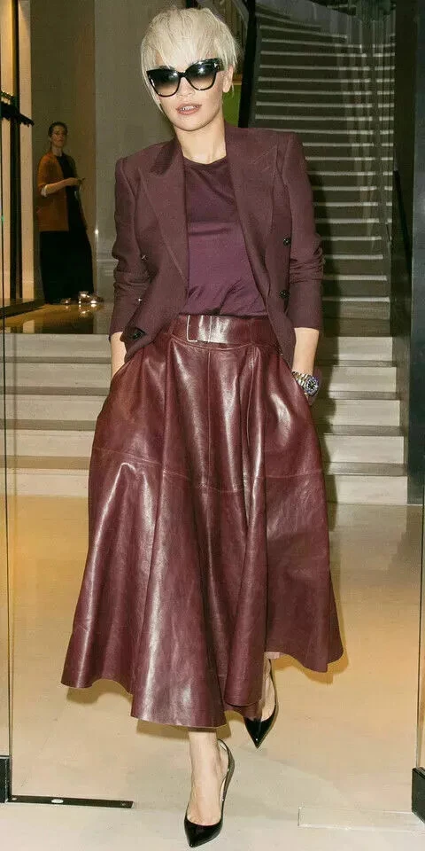 Stylish Flare Belted Burgundy Skirt Women's Genuine Lambskin Leather Long Skirt - Image 1 of 4
