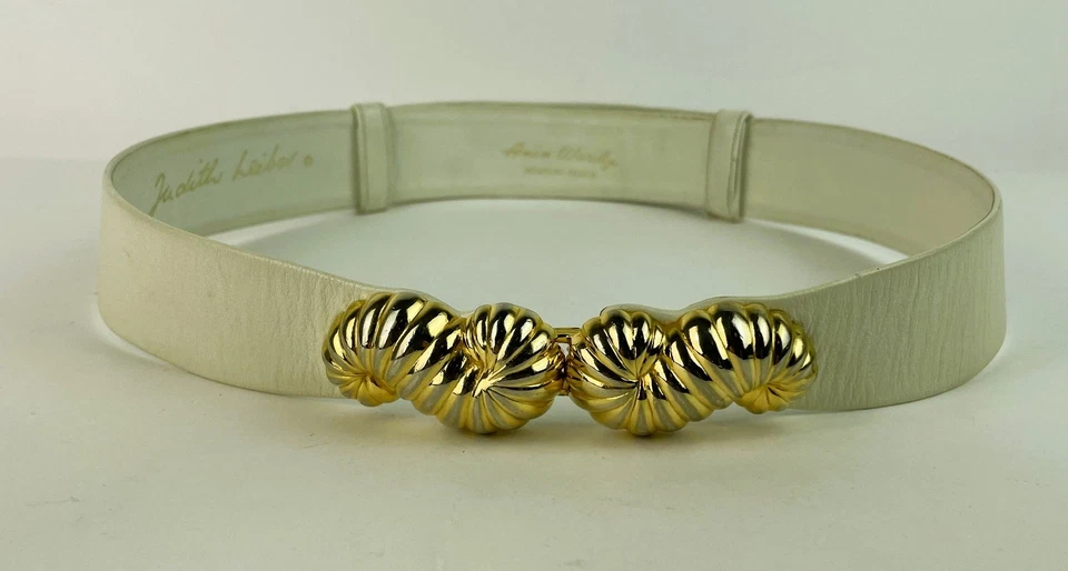 VTG. 80s Judith Leiber White Leather Adjustable Belt Gold Buckle Amen Wardy - Image 1 of 4