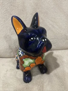 Talavera Pottery Sitting Bulldog Mexican Folk Art Hand Painted 8”x8”Blue - Picture 1 of 18