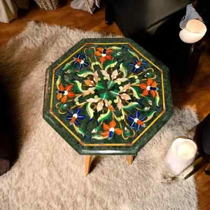 24" octagon Green Marble Sofa Coffee Table Semi Precious Stone Inlay Marquetry - Picture 1 of 8