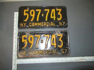 VINTAGE ORIGINAL 1957 COMMERCIAL NEW YORK STATE LICENSE PLATE PAIR SET  - Picture 1 of 2