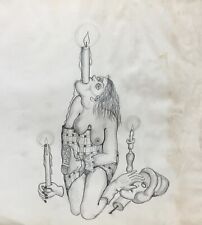 Weiblicher Akt mit Kerzen Surreale Zeichnung Midcentury Modern Art 44 x 43 cm