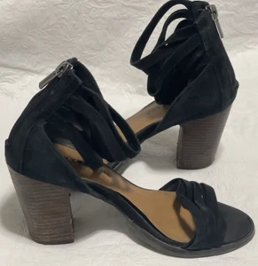 Lucky Brand Heels Women 6.5M Lakisha Ankle Wrap Caged Strappy Black Suede Zipper - Picture 1 of 13