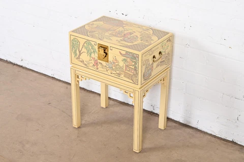 Drexel Heritage Hollywood Regency Chinoiserie Hand-Painted Cream Lacquered Chest Cover