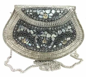 Handgefertigte Mosaik Metall Partywear MOP Clutch Tasche - Geschenk für sie (Silber) Geldbörse - Bild 1 von 5