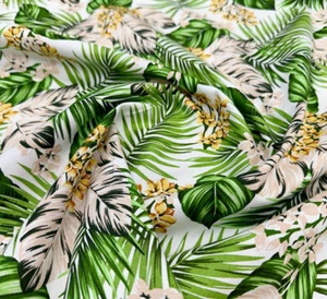 Cotton Fabric - Green Tropical Palm Leaf Print on Ivory - Craft Fabric Material - Picture 1 of 4