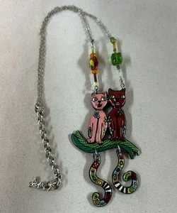 VTG Loup Garou Bijoux Signed Silver Tone Enamel Two Cats Necklace 19.5” - Bild 1 von 5