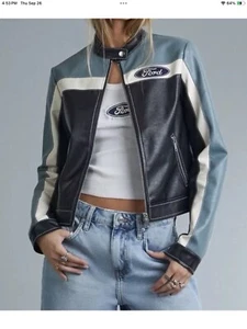 SOLD OUT Ford X Forever 21 Ford Race Car Faux Leather Moto Jacket Full Zip Large - Picture 1 of 2
