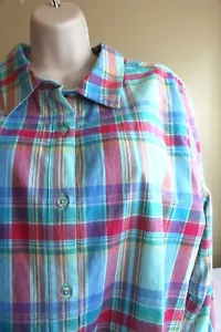 Appleseeds Womens L 14 Shirt Cotton Plaid Button Up Mint Pink Blue Collar Cuffs - Picture 1 of 7