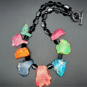 Artisan Multicolored Semiprecious Stone & Black Beaded Necklace - Picture 1 of 4