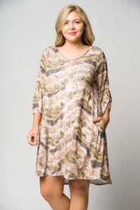 Womens Plus Size Brown Tie Dye Swing Dress 3XL Bell Sleeve Pockets - Picture 1 of 3