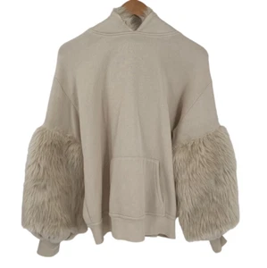 Express Kunstfell Kapuzen Sweatshirt Damen XS Creme Tasche Oversized Kuschelig Bequem - Bild 1 von 4