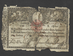 5000 REIS  VG- OVERSTAMPED BANKNOTE FROM  PORTUGAL 1826  PICK-25   RARE