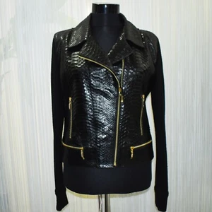 Women's Real Python Leather Luxury Wool Black Motorcycle Biker Jacket - Picture 1 of 4