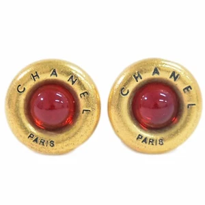 CHANEL Gripoix Logo Gold Plated Round Earrings Clip Red - Picture 1 of 9