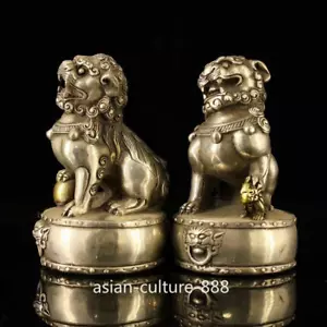 Chinese Miao Silver Fengshui Foo Fu Dog Guardion Door Lion On Drum Pair Statue - Picture 1 of 9