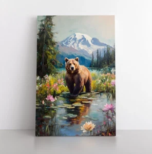 Oso pardo flores de primavera naturaleza paisaje pintura impresión en lienzo arte enmarcado - Imagen 1 de 12