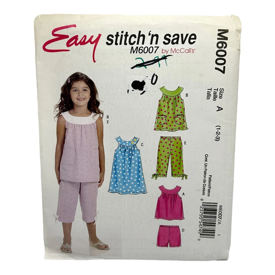 McCalls Easy Stitch 'n Save M6007 Children Top Dress Shorts Capri Uncut Sz 1-2-3 - Image 1 of 2
