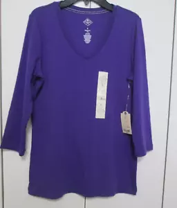 St. John's Bay Misses Size S (4-6) Cotton V-Neck 3/4 Sleeve T-Shirt-Sharp Purple - Picture 1 of 5