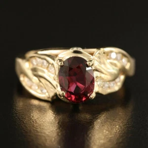 Wonderful Oval Cut Red Lab Created Garnet Solitaire Vintage Bright Finish Ring - Picture 1 of 7