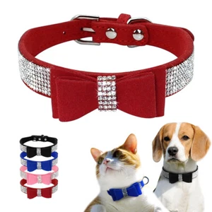 Bling Rhinestone Pet Cat Collars Cute Bowtie Suede Leather for Small Medium Dogs - Picture 1 of 16
