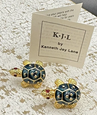 KENNETH JAY LANE EMERALD GREEN Enamel TURTLE PIERCED Earrings - Image 1 of 4