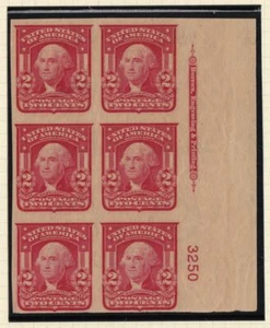 1906 Washington Sc 320 2c carmine imperf MLH full original gum plate block of 6 - Picture 1 of 5