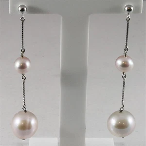 18K WHITE GOLD PENDANT EARRINGS WITH ROUND PURPLE PEARLS 15mm, MADE IN ITALY - Picture 1 of 1