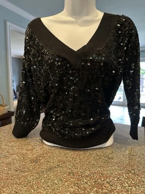 bebe Sweater Womens M  Black Sequin V-Neck  Pullover Embellished - Image 1 of 4