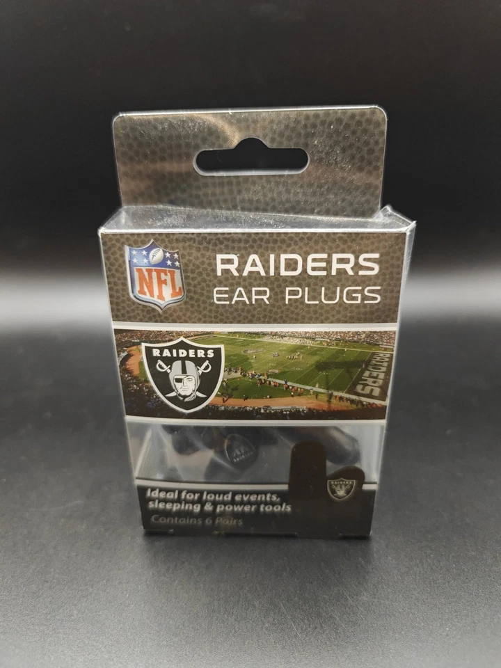 Tampões de ouvido NFL RAIDERS - Preto - Logotipo branco - 6 pares - Feito nos EUA - Presente para fã - Imagem 1 de 4