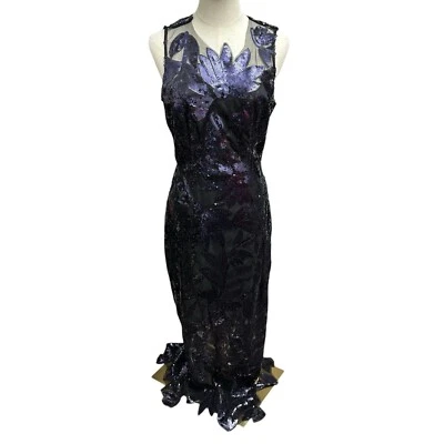 MILLY Talla 6 Pequeño Kinsley Floral Azul Marino Lentejuelas Vestido Maxi Sin Mangas Vestido Formal Foto 1 de 4