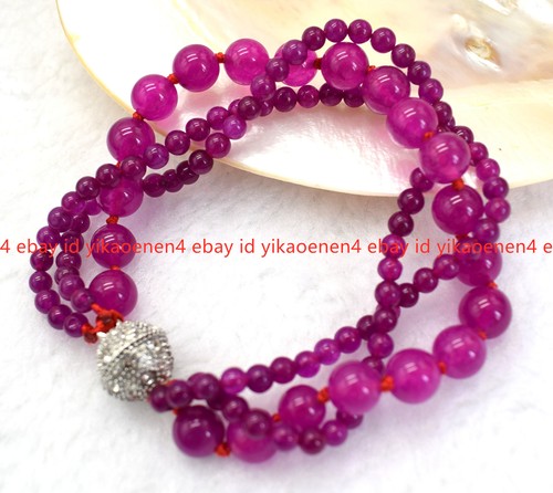 VALENTINO Affascinante Braccialetto Perline Rotonde Naturali 3 Righe 4mm & 8mm Gemme Rosa Rossa 7 5in