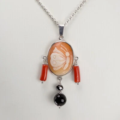 COLLANA E CIONDOLO IN ARGENTO 925 CON ONICE CORALLO E CAMMEO FARFALLA AGDV 0144 - Immagine 1 di 3