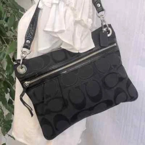 COACH Poppy Metallic C black & silver shoulder bag with blue satin interior - Picture 1 of 13