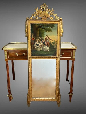 TRUMEAU ANCIEN LOUIS XVI EN BOIS DORÉ ET SCULPTÉ AVEC UNE TRES BELLE PEINTURE - Photo 1/4