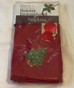 4er Set Weihnachtsbäume bestickte Servietten rot 100 % Baumwolle neu in Packung - Bild 1 von 5