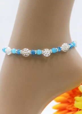 Xs Anklet Millefiori Beads Blue White Turquoise Summer #Ja084 - Image 1 of 3