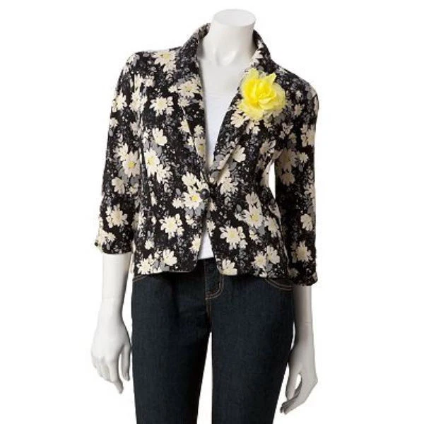 Blazer Chaqueta Elástica Prendedor Flor Estampado Floral Negro Recortado Moda Jun Niña XS Foto 1 de 1