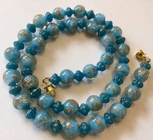 VTG MURANO VENETIAN TURQUOISE BLUE SOMMERSO AVENTURINE GLASS BEAD NECKLACE M2 - Picture 1 of 2