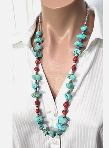 Vintage Native American Turquoise Heishi Spiny Oyster beads Necklace 28"L - Picture 1 of 4