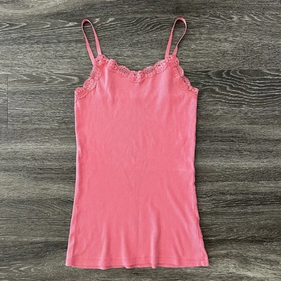 Y2K Long Pink Lace Trim Ribbed Cami Tank Top Spaghetti Strap Layering Women’s M - Image 1 of 4