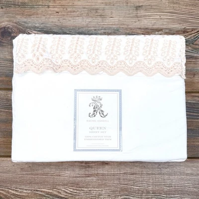 Rachel Ashwell Embroidered Eyelet Hem QUEEN Sheet Set White Pink 100% Cotton - Image 1 of 4