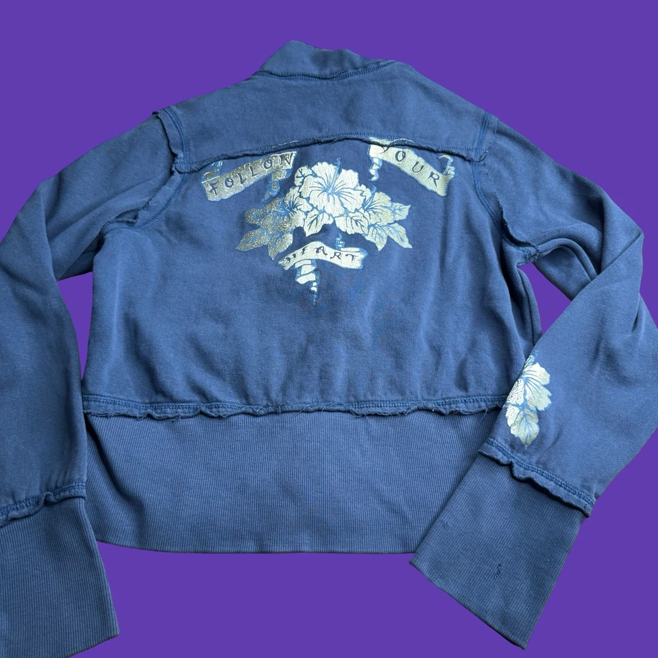 Roxy Womens Large Sweatshirt Vintage Distressed Hawaiian Flowers Blue Full Zip - Image 1 of 4