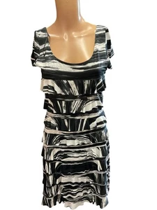 Roman Originals Abstract Print Ruffle Dress Black White Short Sleeve - Size 10 - Picture 1 of 5
