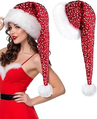 Sombrero largo de Santa para adultos mujeres hombres unisex lentejuelas rojo Navidad sombrero gorra Navidad... Foto 1 de 4