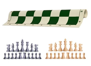 Silver & Natural Chess Pieces 20" Green Vinyl Board - Single Weight Chess Set - Picture 1 of 4